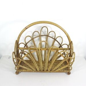 Vintage Fan Style Bent Bamboo Magazine Rack, Record Holder, Office File Holder